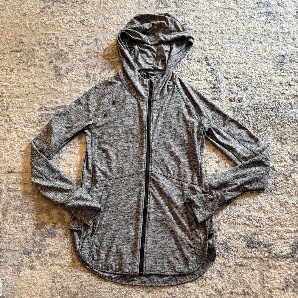 Athleta Jacket Womens XS Gray Hooded Full Zip Thumbholes Lightweight Running